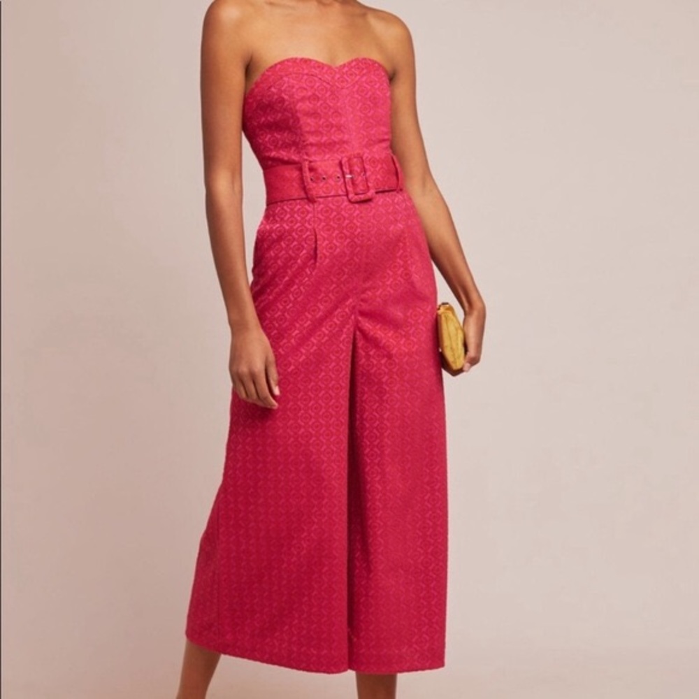 Anthropologie Strapless Belted Jacquard Jumpsuit in Fuchsia